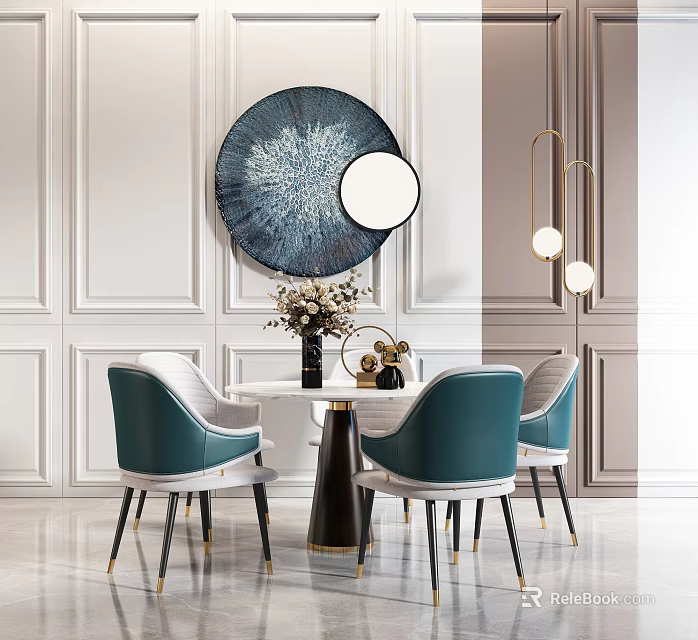 Modern Dining Table Set With Teal Chairs Round Wall Art And Pendant Lights 3d model