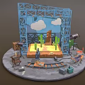 Cartoon Scene Setup With Blue Metal Frame Clouds Cacti Yellow Ground And Filming Props