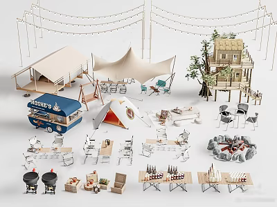 Tent Camping Setup With Food Truck Tables Chairs Fire Pit And String Lights 3d model