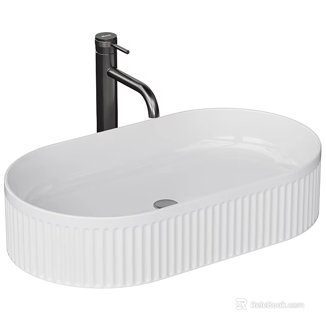 Stylish White Fluted Vessel Washbasin Features Ceramic Build And Black Faucet 3d model 