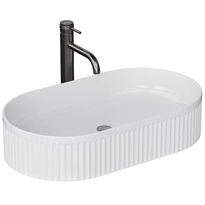Stylish White Fluted Vessel Washbasin Features Ceramic Build And Black Faucet 3d model
