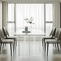 Modern Dining Room with Transparent Glass Table Grey Chairs Wine Cabinet White Curtains Potted Plant