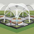 White Perforated Canopy Structures In Outdoor Public Space With Pathways Grass Areas And People