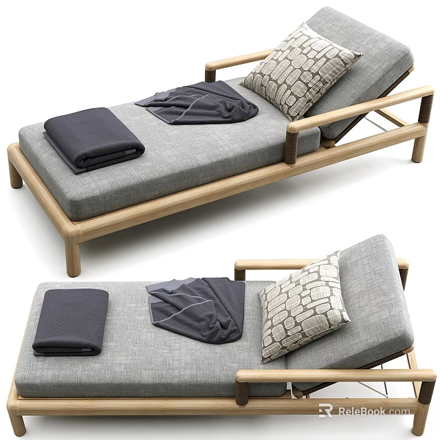 Modern Gray Cushion Sofa Bench with Wooden Frame Pillow and Blanket 3d model 