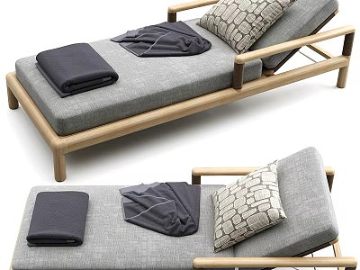 Modern Gray Cushion Sofa Bench with Wooden Frame Pillow and Blanket 3d model