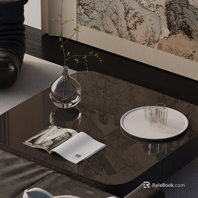 Stylish Sofa Coffee Table Set with Transparent Vase Open Magazine White Tray and Green Branches 3d model 