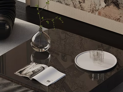 Stylish Sofa Coffee Table Set with Transparent Vase Open Magazine White Tray and Green Branches 3d model