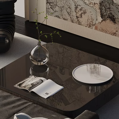 Stylish Sofa Coffee Table Set with Transparent Vase Open Magazine White Tray and Green Branches 3d model