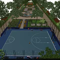 Outdoor Basketball Court With Blue Surface Surrounded By Trees Seating And Fencing
