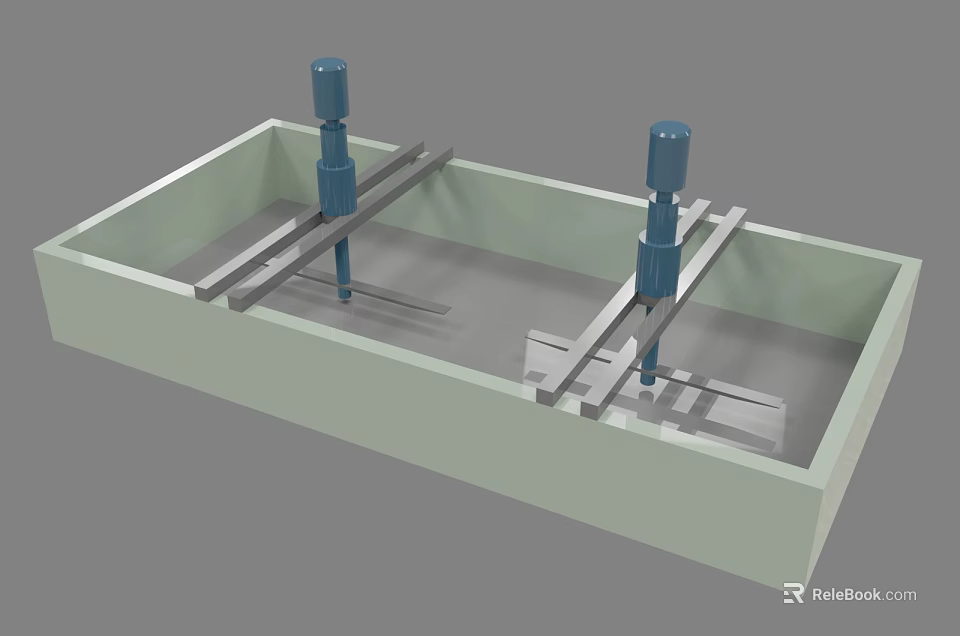 Industrial Equipment With Rectangular Container Blue Cylindrical Components And Metal Rods 3d model 