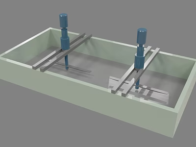 Industrial Equipment With Rectangular Container Blue Cylindrical Components And Metal Rods 3d model