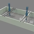 Industrial Equipment With Rectangular Container Blue Cylindrical Components And Metal Rods
