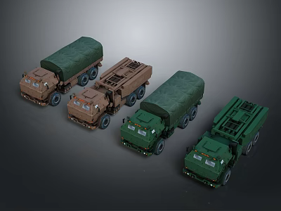 Military Trucks in Green and Brown with Canvas Covers Displayed from Various Angles 3d model