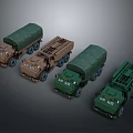 Military Trucks in Green and Brown with Canvas Covers Displayed from Various Angles