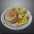 Delicious Hamburger With Sesame Bun Fresh Vegetables And Crispy French Fries On White Plate