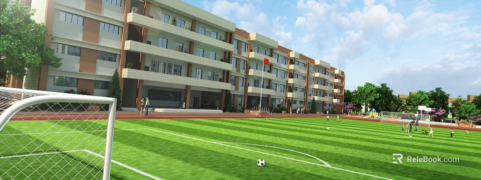 Modern Multi storey School Building With Green Lawn Football Field And Red Flag 3d model 