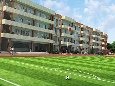 Modern Multi storey School Building With Green Lawn Football Field And Red Flag 3d model