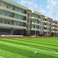 Modern Multi storey School Building With Green Lawn Football Field And Red Flag