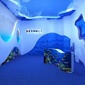 Public Office Space With Ocean Themed Blue Waves Coral Fish Patterns Cloud Ceiling And Lighting 3d model