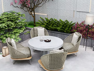 Round Outdoor Table With Four Wicker Chairs In Garden With Green Plants And Stone Wall 3d model