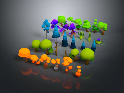 Colorful Cartoon Scene With Various Shaped Trees In Different Colors 3d model