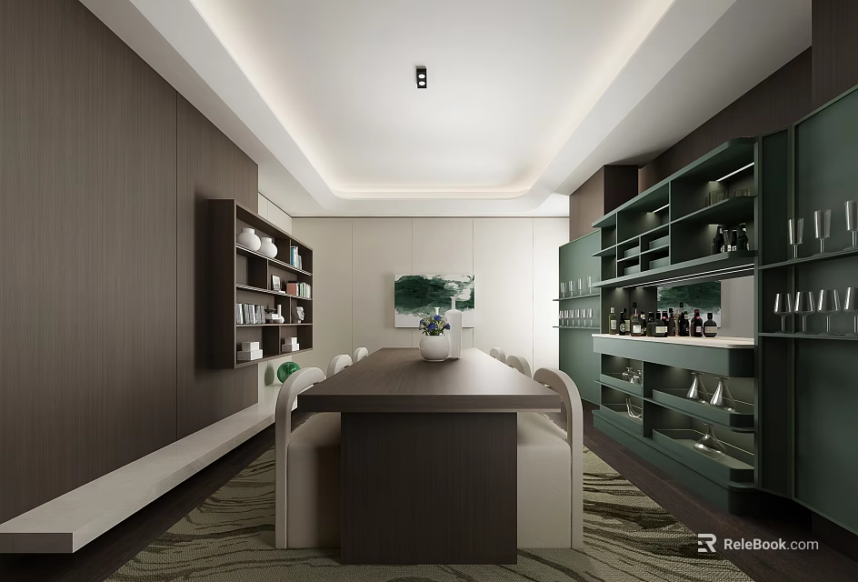 Modern Restaurant Interior With Long Dining Table White Chairs Dark Wooden Walls And Green Cabinets 3d model 