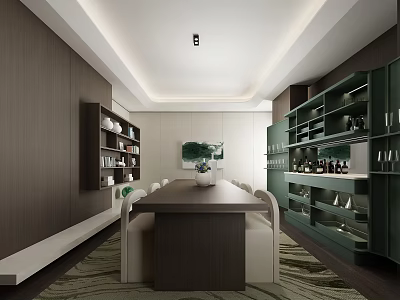 Modern Restaurant Interior With Long Dining Table White Chairs Dark Wooden Walls And Green Cabinets 3d model