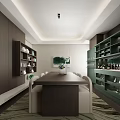 Modern Restaurant Interior With Long Dining Table White Chairs Dark Wooden Walls And Green Cabinets