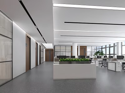 Modern Public Office Space With Open Layout Desks Computers Green Plants And Large Windows 3d model