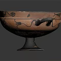 Ancient Greek Ceramic Bowl With Two Handles Orange Base Black Decorative Patterns Pedestal Stand