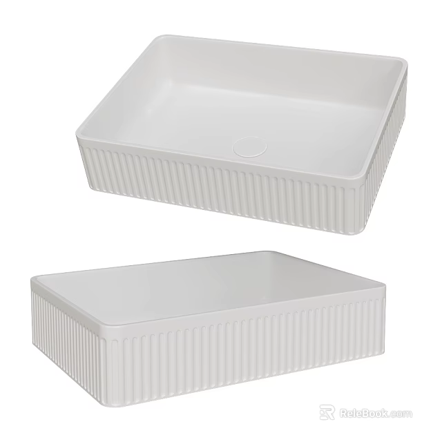 Two White Ceramic Square Shaped Washbasins With Vertical Ribbed Smooth Surface Design 3d model 