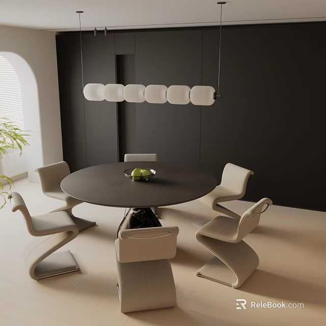 Round Dining Table Set With Modern Light Colored Chairs Pendant Light And Arched Window 3d model