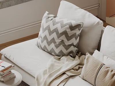 Gray And White Zigzag Pattern Pillows On Cozy Sofa With Beige Throw Blanket And Books 3d model