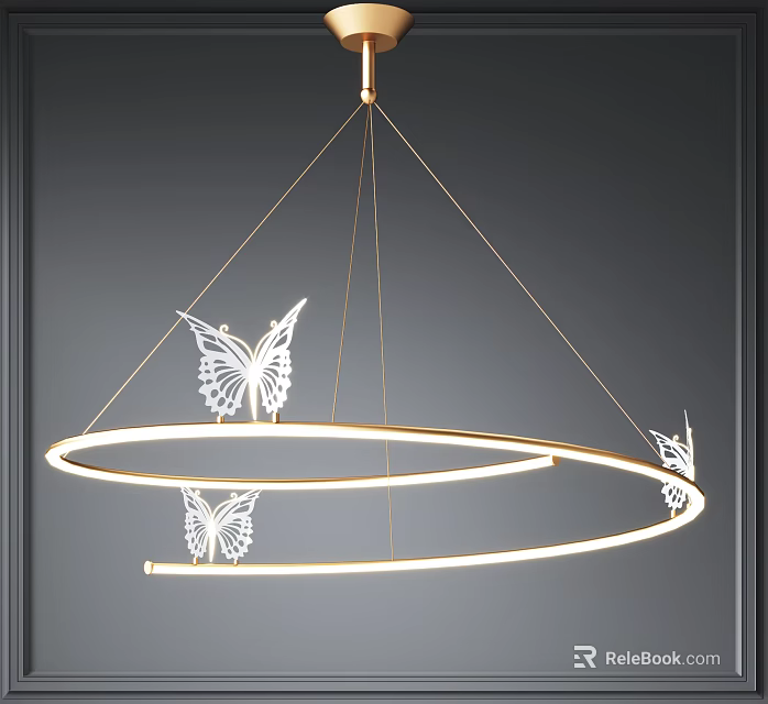 Modern Illuminated Golden Circular Ring Chandelier With White Butterfly Decorations 3d model 