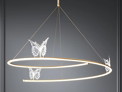 Modern Illuminated Golden Circular Ring Chandelier With White Butterfly Decorations 3d model