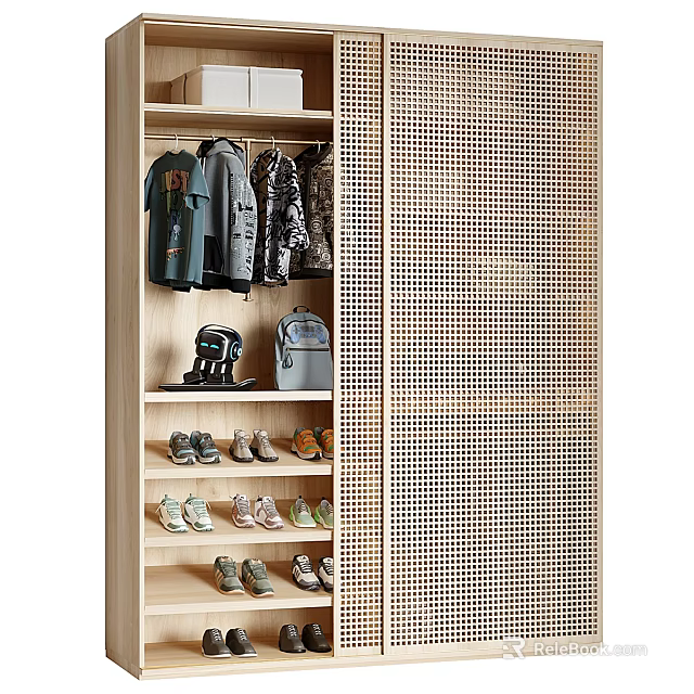 Modern Wooden Shoe Cabinet With Hanging Coats Backpacks Shelves For Shoes And Mesh Door 3d model 