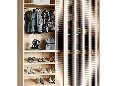 Modern Wooden Shoe Cabinet With Hanging Coats Backpacks Shelves For Shoes And Mesh Door 3d model