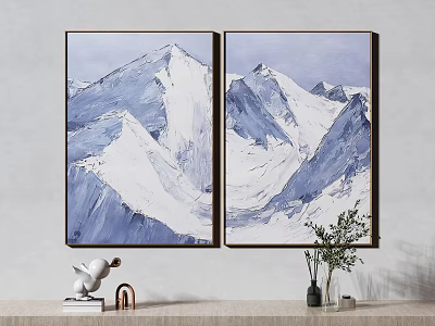 Blue And White Mountain Paintings With Decorative Figurine And Potted Plant On Shelf 3d model
