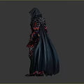 Man as Fantasy Warrior in Black Armor with Red Patterns Hood and Cloak
