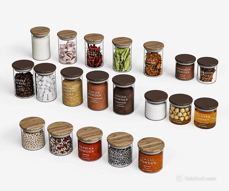 Glass Jars With Wooden Lids Containing Various Food Ingredients Like Beans Spices And Grains 3d model 