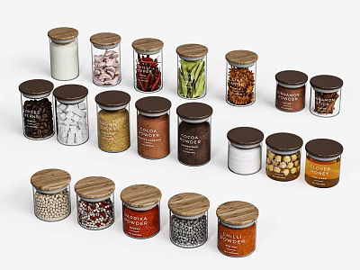 Glass Jars With Wooden Lids Containing Various Food Ingredients Like Beans Spices And Grains 3d model