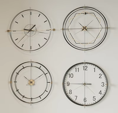 Modern Wall Decor Featuring Four Stylish Metal Frame Wall Clocks In Various Designs 3d model