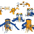 Colorful Playground Equipment With Blue Orange Slides Climbing Frames And Swing Sets