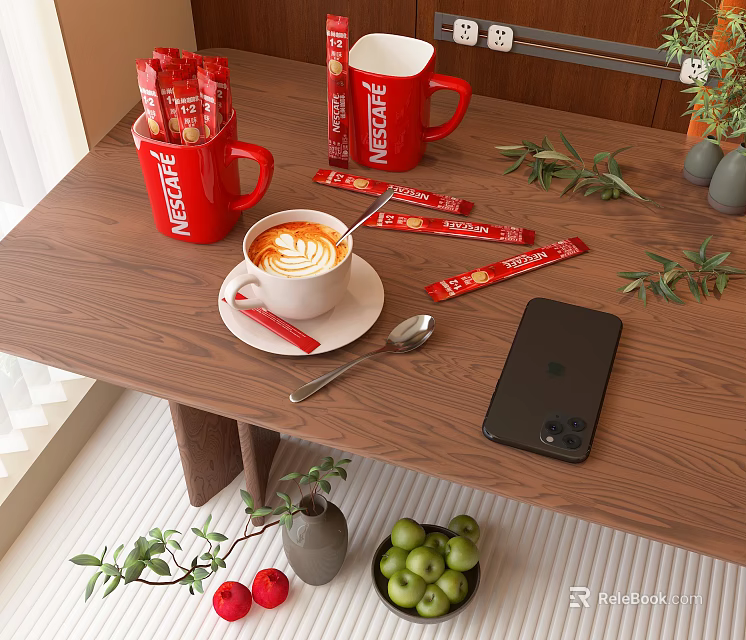 Nescafe Red Mugs With Coffee Sticks And Latte Art Coffee On Wooden Table 3d model 
