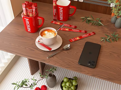Nescafe Red Mugs With Coffee Sticks And Latte Art Coffee On Wooden Table 3d model