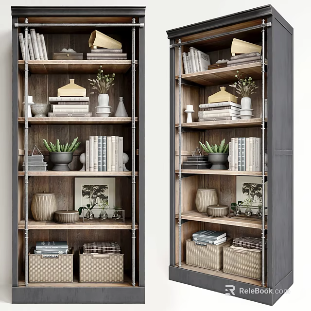 Wooden Decorative Cabinet With Books Potted Plants And Storage Baskets On Shelves 3d model 