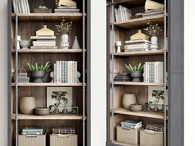 Wooden Decorative Cabinet With Books Potted Plants And Storage Baskets On Shelves 3d model