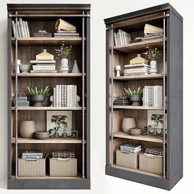 Wooden Decorative Cabinet With Books Potted Plants And Storage Baskets On Shelves 3d model