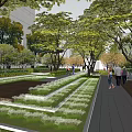 Pergola Structure In Urban Park With Green Trees Lawn And Wooden Pathway