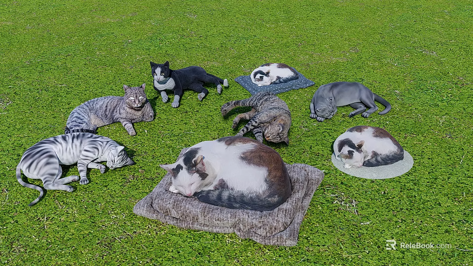 Realistic Cat Statues on Green Grass with Various Poses and Colors 3d model 